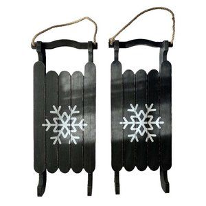 Winter Farmhouse Snowflake Decorations Hangable Wood Sleds Pkg of 2